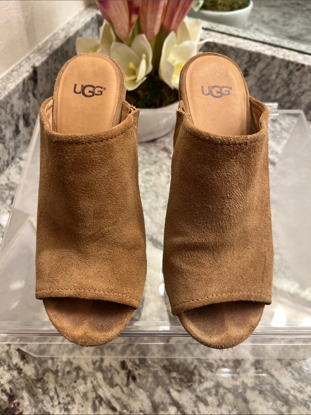 UGG Chestnut Suede Open-Toe Slip-On Mules